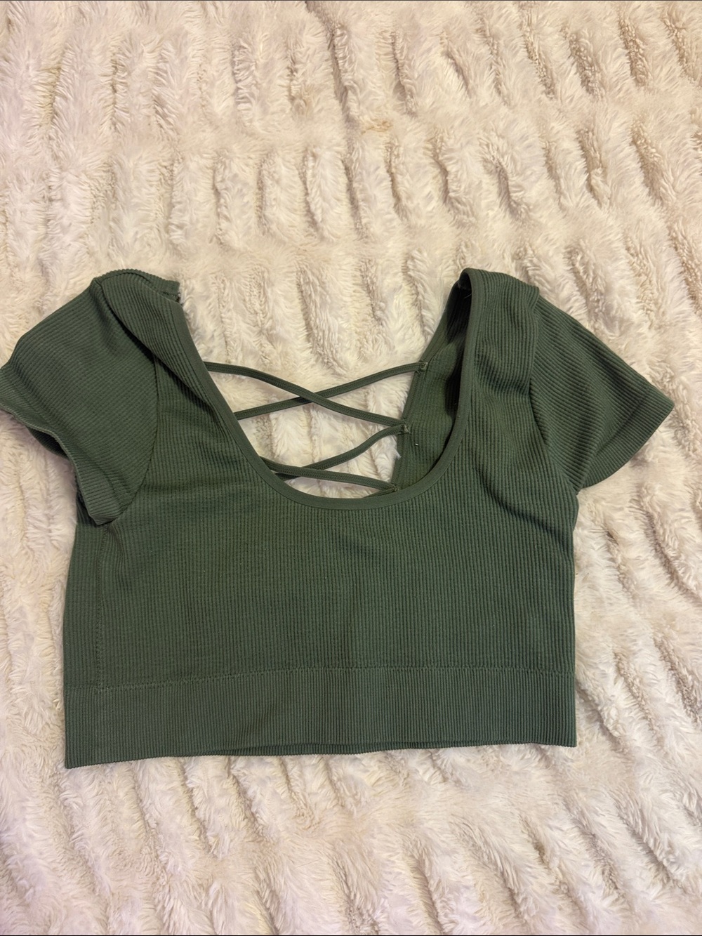aerie Olive Ribbed Scoop-Neck Crop Top with Crisscross Back